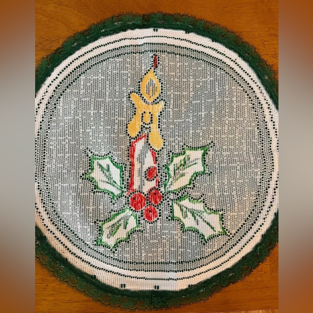 Hand Stitched Placemat/ Doily 2 Lace Candle Stick Christmas Green Trim Feminine